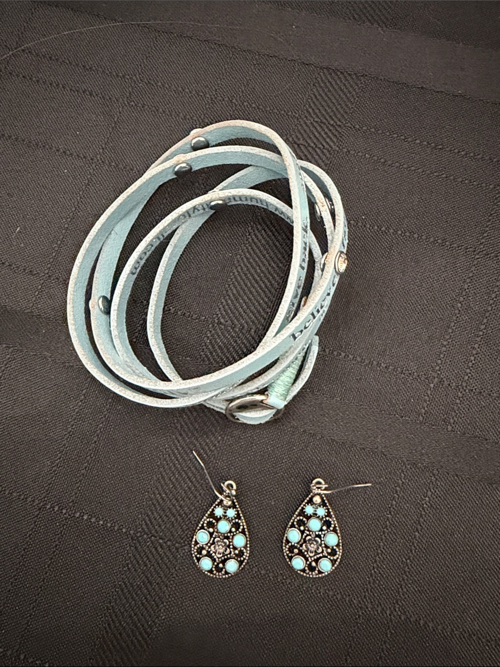 Leather Wrap Bracelet and Turquoise Drop Earrings Set - Light Blue